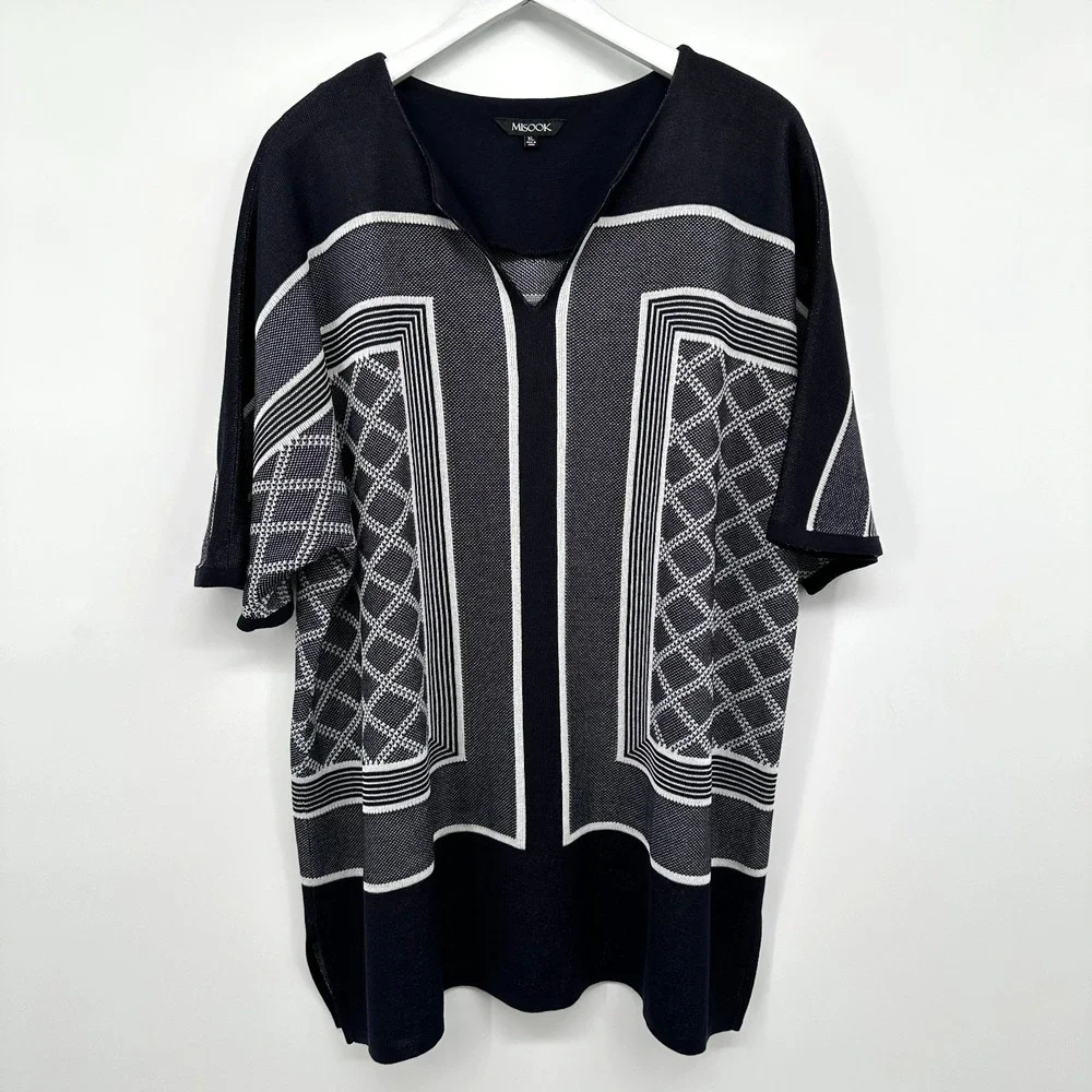 Misook Knit Sweater Top Shirt Size XL Stretch Navy Blue White Pullover Luxury